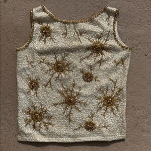 Vintage 1960s Elegant Gold and Cream Embellished Beaded Sequined Women's Top